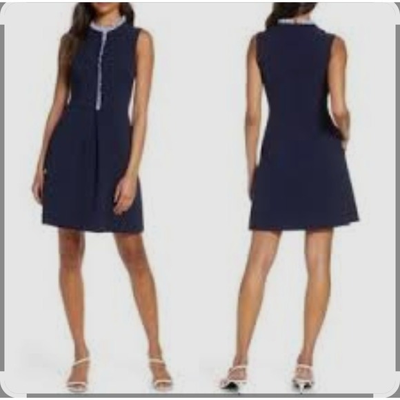 Eliza J Dresses & Skirts - Eliza J NWT Sleeveless Ruffle Trim Fit Flare Knee Dress Navy Pleated Plus Sz 16